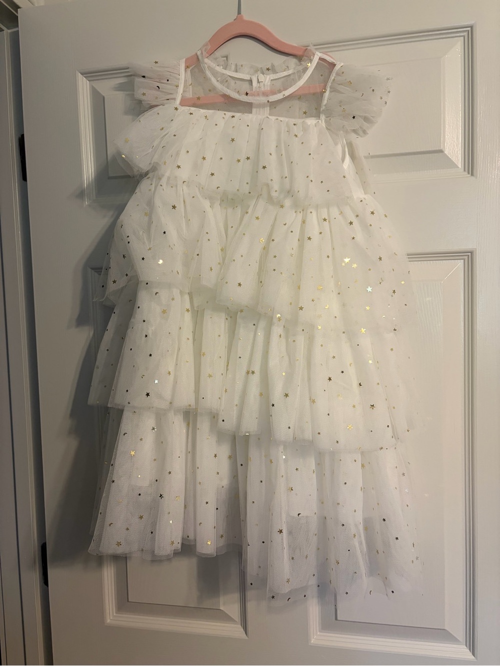 Lola + The Boys White Tiered Tulle Dress with Gold Stars
